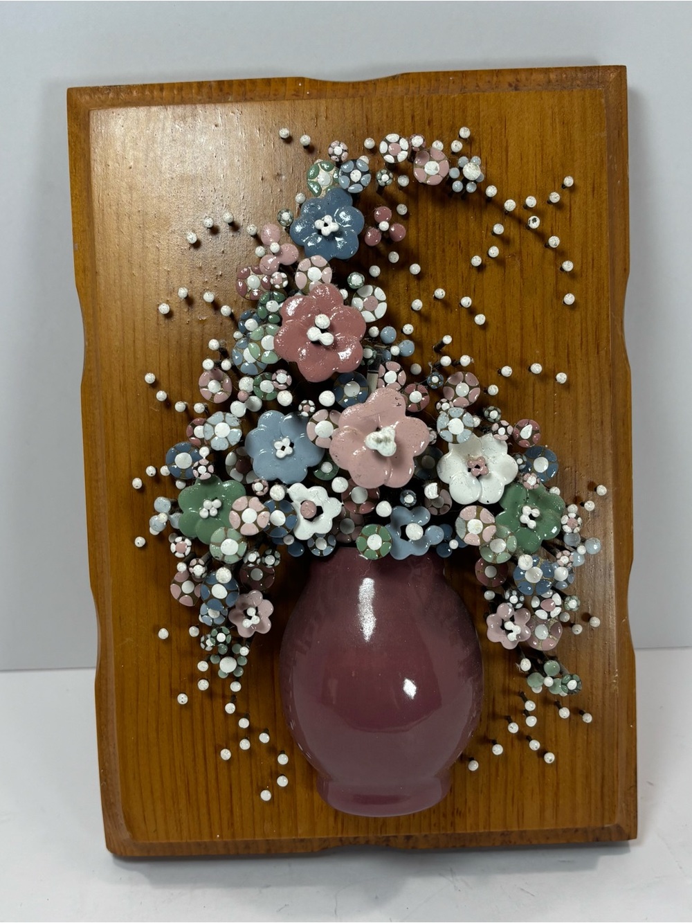 Nail Art Wall Hanging Brutalist Floral Wood Pauline A. Owens 1977 9” Pol-O-Craft - Picture 2 of 9